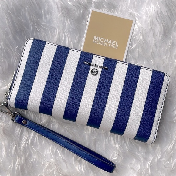 Brand New Michael Kors Blue & White Striped Large  Zip Around Wristlet Wallet - Picture 1 of 15